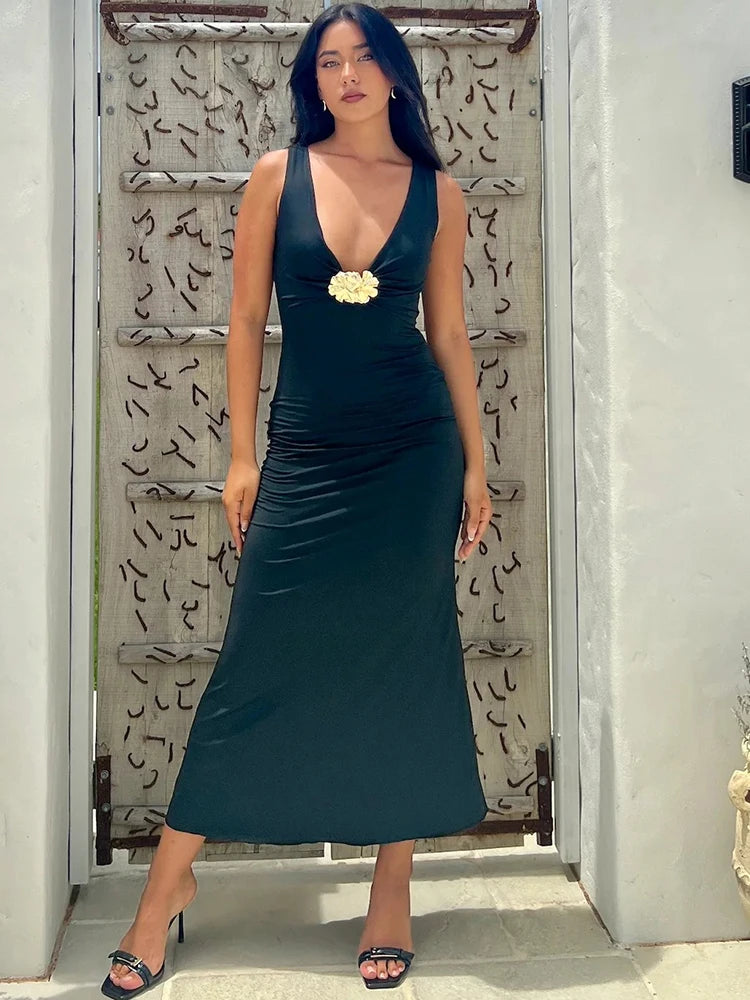 Lunivop Sexy Deep V-neck Metal Button Women Maxi Dress Black Sleeveless High Waist Dress Female Summer Skinny Elegant Beachwear
