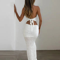 Lunivop Short Strap Top & Slim Fit Long Skirt Set, Sexy Fashion Vacation, Knitted Cover Up Set, Plain Pattern, Perfect for Travel