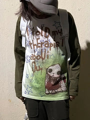 Lunivop Y2k Clothes Cartoon Star Graffiti Print Punk T-shirt Green Raglan Sleeves Loose Casual Aesthetic Long Sleeve Top Grunge Y2k