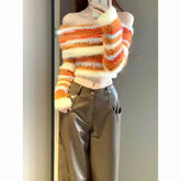 Lunivop American Slim Pullovers Sweaters Crop Tops Sexy Knitted Contrast Color Striped Women Y2k Slash Neck Vintage Sueter Mujer Chic