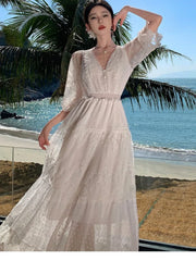 Lunivop White Lace Flora Embroidery Women Dresses Bodycon Summer Vacation V-neck Vintage Women's Clothing Elegant Maxi Vestido Lady New