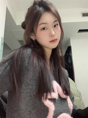 Lunivop Pink Sweet Star Pullovers Women V Neck Short Sweaters Long Sleeve Knitted Harajuku Preppy Style Y2k Loose Sueter Mujer Korean