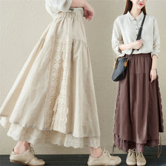 Lunivop Japanese Cotton Linen Long Skirts Women Vintage Embroider Lace Up A-line Sweet Elastic Hight Waist Lolita Female Pleated Skirt