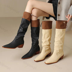 Lunivop New Patchwork Leather Women Pointed Toe Platform Knee High Boots Female Autumn Winter Chunky Knight Boots High Heels Boots