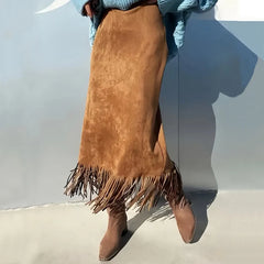 Lunivop Retro Women's Suede Midi Skirt Daily Casual High Waisted Solid Colors Tassel Hem Skirts Fashion Street Autumn Winter Chic Outfit