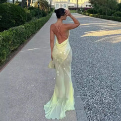 Lunivop Yellow Sequins Maxi Beach Dress Women Sexy Backless Slim Party Fishtail Dresses Summer Mesh Patchwork Sheer Holiday Dress 2024