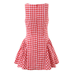 Lunivop Sexy Red Gingham Plaid Mini Sleeveless Dress Women Bow O Neck Zipper Back Low Waist Ruched Hem Swing Tank Dresses Vestidos Black