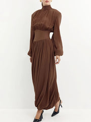 Lunivop Tapered Waist Flower Bud Maxi Dress Women's Puff Sleeves Fashion Solid Round Neck Contrast Slim Party Dress Female Dress