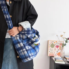 Lunivop Retro Blue Plaid Tote Bag Women Plush Large Capacity Hand Carry Shoulder Bag Ladies Daily Casual Commuter Crossbody Bags