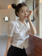 Lunivop Slim Cute Cropped White Shirt Women Summer Short Sleeve Elegant Blouse Preppy Style Vintage Sweet French Casual Design Tops