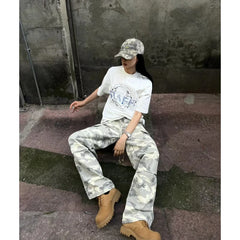 Lunivop Autumn Vintage American Style Camouflage Girl Pants Loose Straight Leg Cargo Pants Casual Trousers Hip Hop Streetwear Wash