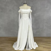 Lunivop Elegant Wedding Dress Off Shoulder Lace Long Sleeves A-Line Bridal Gowns Lace-up Back Sweep Train Bridal Dresses