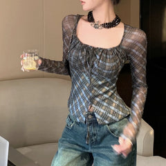 Lunivop Square Neck Contrast Color Plaid Casual Long-sleeved T-shirt Women Autumn New Korean Lace Up Pleated Sexy Slim Crop Tops