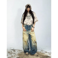 Lunivop Women's Blue Print Ripped Jeans Harajuku Y2k 2000s Style Baggy Denim Trousers Vintage Punk Trashy Oversize Jean Pants