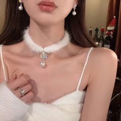 Lunivop Winter Cute Sweet Feather Plush Snowflake Pearl Choker Necklace for Women Chirstmas Party Choker Necklace Jewelry Gift
