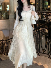 Lunivop Elegant Solid Ruffles Fairy Dresses Korean Lace Patchwork Slim Waist A Line Dress Women Princess Party Vestidos Female Robe New