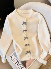 Lunivop Cute Bow Women Cardigan Long Sleeve Lazy Wind Sweet Knitted Sweater Casual Loose Preppy Style Vintage Lady O Neck Fall Tops