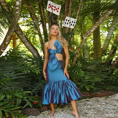 Lunivop Designs Navy Blue Satin Prom Party Dress Spaghetti Strap Bow Mid Length Ladies Gown Pretty Trumpet Mermaid Homecoming Dresses