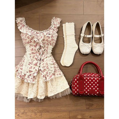 Lunivop Japanese Y2k Vintage Sweet Vintage Summer U Neck Ruffled Edges Niche Floral Top Skirt Harajuku 2-piece Set