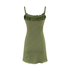 Lunivop Vintage French Style ArmyGreen Polka Dot Print Wood ears O neck Sling Dress Women a-lined Short Dresses Femme Vestidos Robe