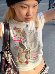 Lunivop Japanese y2k Kawaii Cat Print Short Sleeve Tee Women Grunge Crop Tops Fairycore Graphic T-shirt E-girl 2000s Korean Fashion