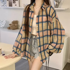 Lunivop Tops Women Sheer Chiffon Plaid Shirt Long Sleeve Button Up Collared Oversize Checked Shirts and Blouse Summer Casual Outfit