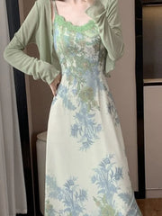 Lunivop Fashion Spring Summer Two Piece Set Women Cardigan Short Top + Retro Jacquard Spaghetti Straps Midi Dress Elegant Party Suits