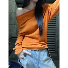 Lunivop Vintage Backless Pleated Orange Casual Long Sleeve Women Autumn New Streetwear Sexy Slim All Match Knitted Tops