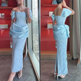 Lunivop High Quality Customized Strapless Off Shoulder Blue Striahght Robe Designer Luxe Soirée Party Dresses Luxury Vestido Longo