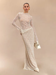 Lunivop Sexy See Through Lace Women Skirt Sets Black Long Sleeve T-shirt Long Skirt Female Autumn Skinny Elegant Two Piece Sets