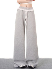 Lunivop Elegant Vintage Gray Sweatpants Women High Waist Korean Sweet Wide Leg Pant Fall Retro Loose Ruffles Pockets Lady Trousers