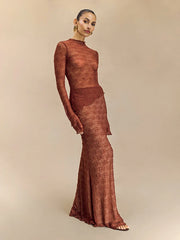 Lunivop Sexy See Through Lace Women Skirt Sets Black Long Sleeve T-shirt Long Skirt Female Autumn Skinny Elegant Two Piece Sets