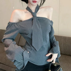 Lunivop Off-shoulder Contrast Color Striped Sexy Long Sleeve Shirt Women Autumn New High Street Loose Casual Lace-up Halter Tops