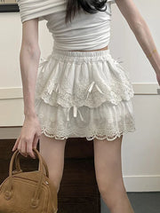 Lunivop Cute Bow White Skirts Women Sweet High Waist Lace Patchwork Mini Skirt Korean Fashion Preppy Style Lady Elegant Cake Skirts