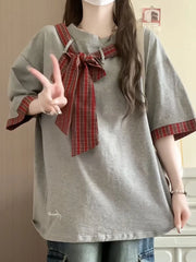 Lunivop Pure Cotton Cute Bow T Shirts Women Vintage Preppy Style Plaid Patchwork Tees Casual Loose Letter Japan Kawaii Lace Up Tops