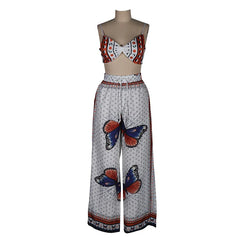 Lunivop Summer Women Pants Set Beach Print Sleeveless Strapless Tube Tops+Wide Leg Troursers Suits Street Two 2 Piece Sets