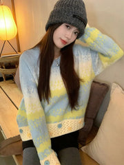 Lunivop Hole Y2K Gradient Striped Sweater Women Vintage Preppy Style Long Sleeve Knitted Pullovers Casual O Neck Buttons Sweet Jumper