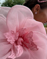 Lunivop Princess Pink One Shoulder Long Sleeve Dress Delicate Lace Sheath Tea-Length Sexy Side Slit with Handmade Large Flower Gowns