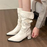 Lunivop Square Heel Women Western Cowgirl Boots Fashion Rivet Pointed Toe Mid-calf Boots Autumn Winter Ladies Elegant Short Booties