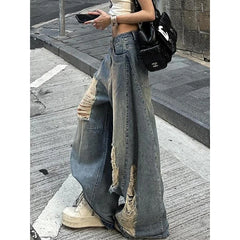 Lunivop Women's Baggy Ripped Jeans Harajuku Vintage Denim Trousers Japanese 2000s Style Grunge Hip Hop Y2k Jeans Pants Oversize Clothes