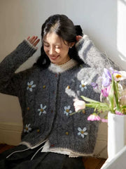 Lunivop Elegant Floral Gray Cardigan Women Lazy Wind Long Sleeve Sweet Knitted Sweaters Vintage Japan Casual O Neck Female Retro Tops
