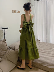 Lunivop Cute Bow Women Dress Elegant Sexy Backless Preppy Style Student Long Dress Korean Fashion Summer Female Strappy Dress New