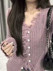Lunivop Early Autumn New V Neck Moda Cardigan Slim Waist Unique Hong Kong Style Trendy Jumper Korea Chic Tassels Knit Sweet Mujer