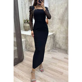 Lunivop Sexy See-through Slim-fit Hip Wrap Dress Square Collar Black Dress Party Club Dress LongDress Formal Commuter Long-sleeved Dress
