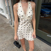 Lunivop Deep V-neck Print Polka Dot Halter Women Dress Backless Patchwork Lace Mini Dress Summer Slim Elegant Party Clubwear