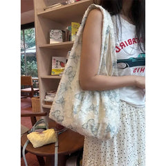 Lunivop Fairycore Aesthetic Canvas Bag Purse Women Lace Butterfly Large Capacity Tote Bag Ladies Harajuku Shoulder Bags Handbag