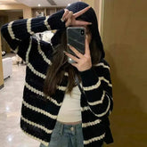 Lunivop Button Front Striped Hood Cardigan Sweater for Women Long Sleeve Button-up Knitted Sweater Jacket Fall Winter Casual Outfit
