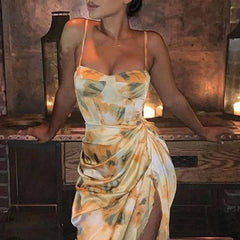 Lunivop Women Y2k Vintage Yellow Tie Dye Flower Print Spaghetti Strap Dress Hem Slim Waist Slit Irregular Dresses Sling Vestido