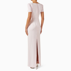 Lunivop Pale Pink Evening Dress Square Neck Crystal Flower Jersey Evening Gowns Short Sleeves Straight Slit Prom Dress