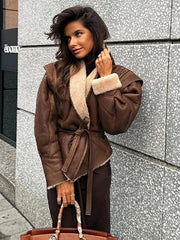 Lunivop Lace up Leather Turn-down Collar Jackets Women Vintage Suede Thickened Long Sleeved Coats Female Winter Warm Short Streetwear